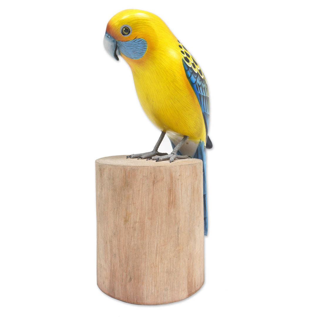 Suar and Teak Wood Bird Sculpture Hand-Carved in Indonesia - Yellow Rosella