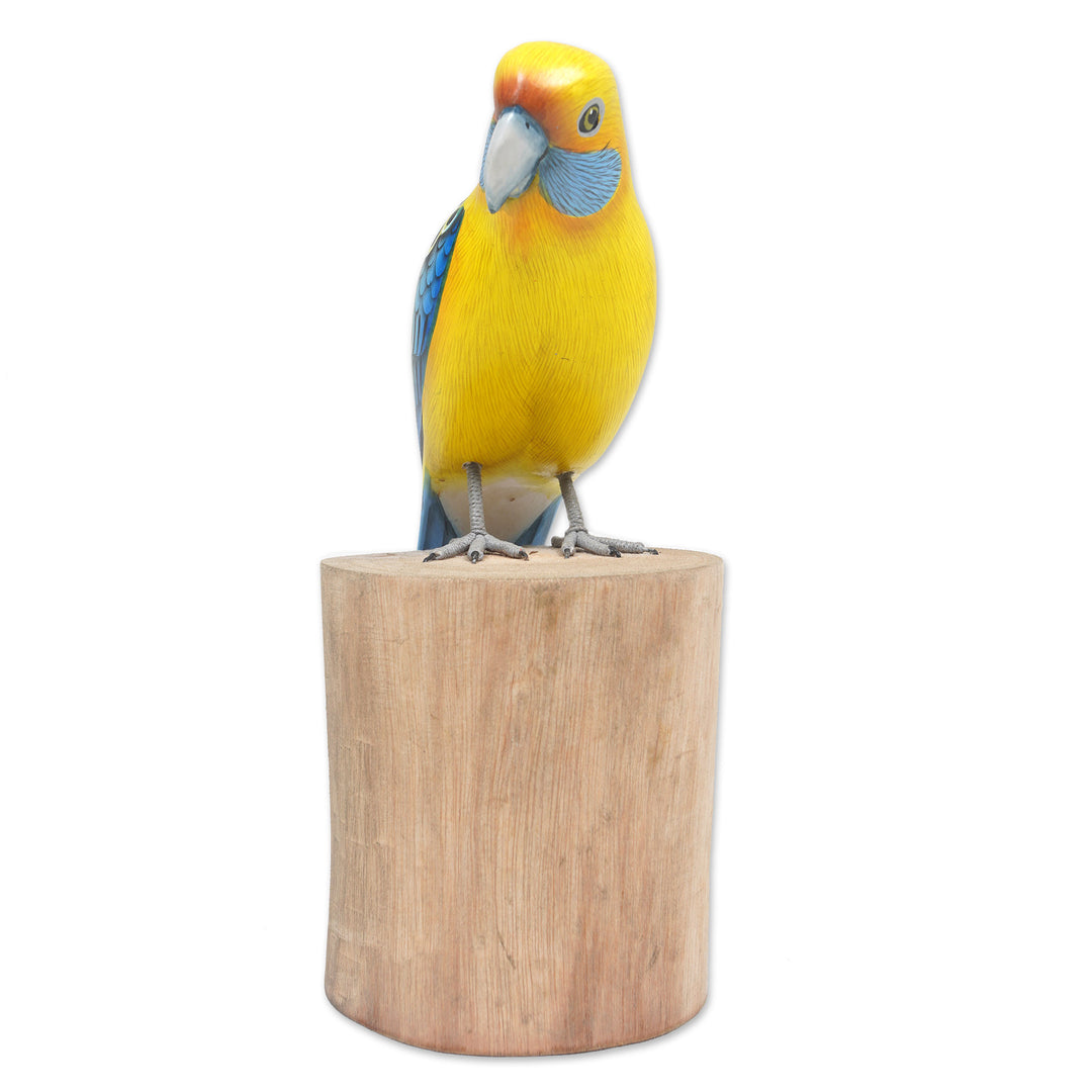 Suar and Teak Wood Bird Sculpture Hand-Carved in Indonesia - Yellow Rosella