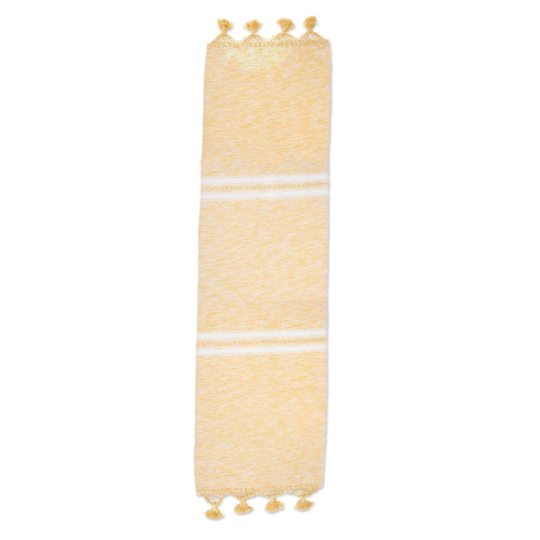 Handloomed Cotton Table Runner in White and Honey Hues - Honey Delight