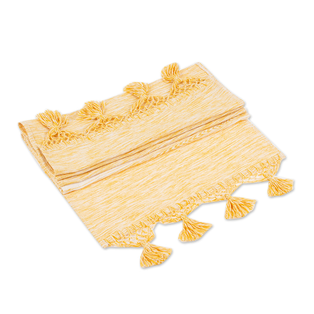 Handloomed Cotton Table Runner in White and Honey Hues - Honey Delight