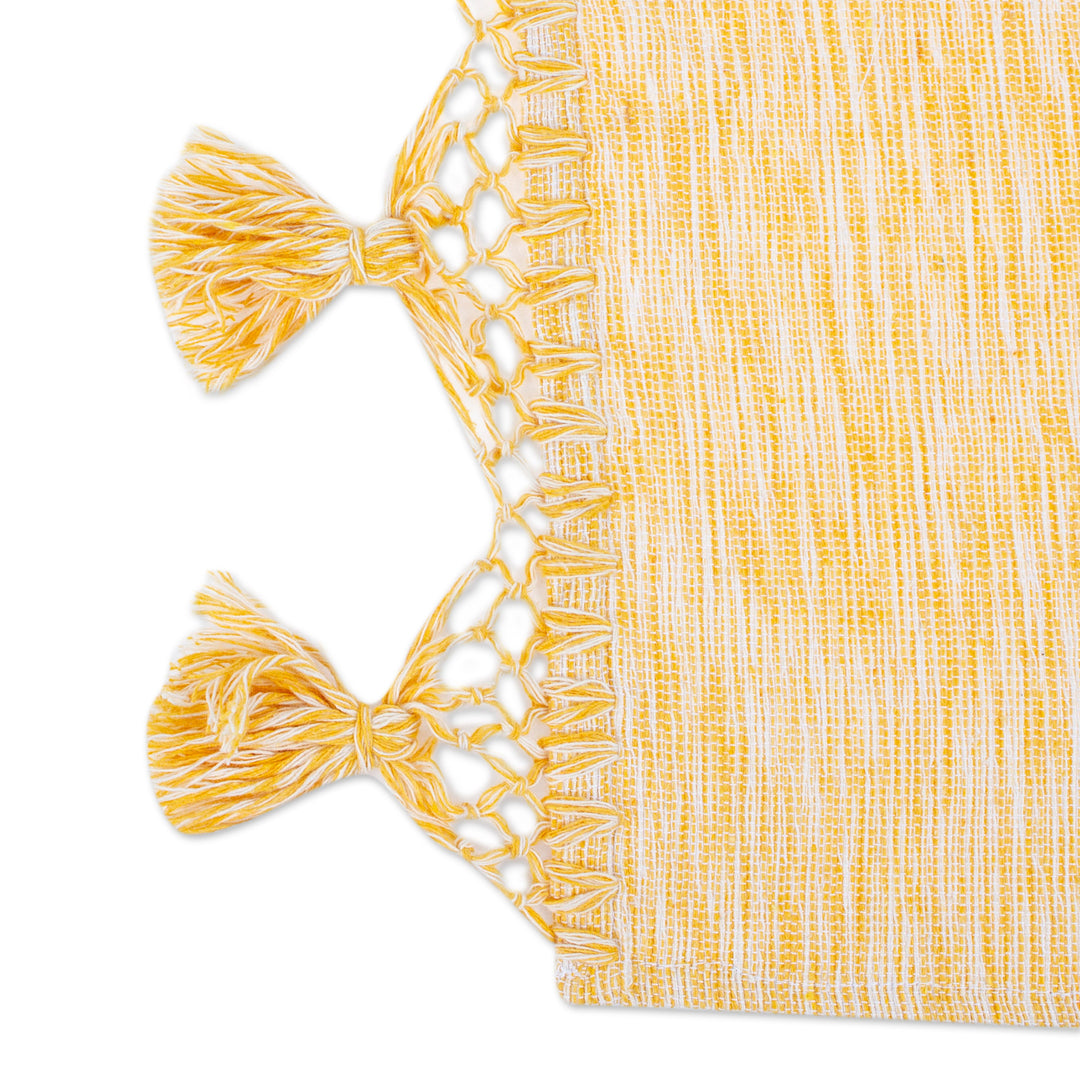 Handloomed Cotton Table Runner in White and Honey Hues - Honey Delight