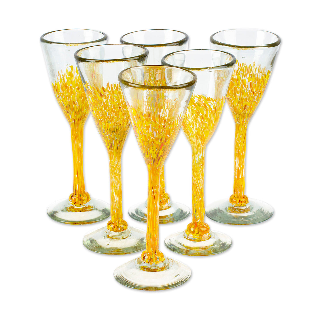Set of 6 Handblown Recycled Glass Champagne Flutes in Yellow - Yellow Strokes