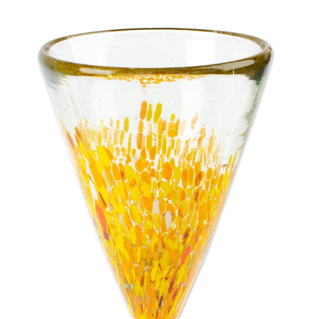 Set of 6 Handblown Recycled Glass Champagne Flutes in Yellow - Yellow Strokes