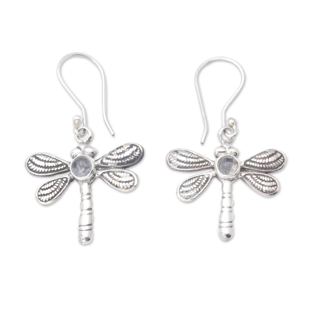 Dragonfly Dangle Earrings with Natural Rainbow Moonstones - Harmonious Change
