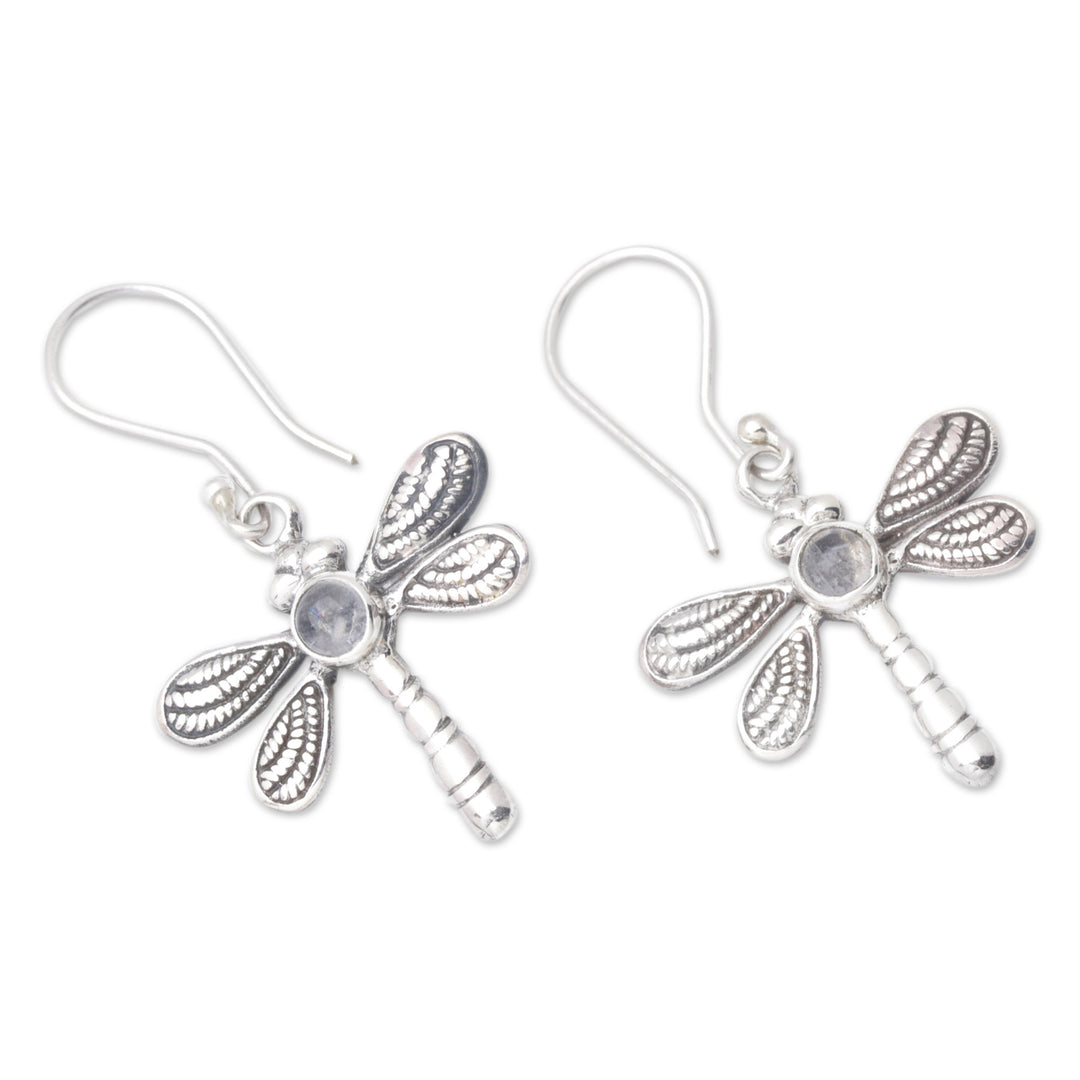 Dragonfly Dangle Earrings with Natural Rainbow Moonstones - Harmonious Change
