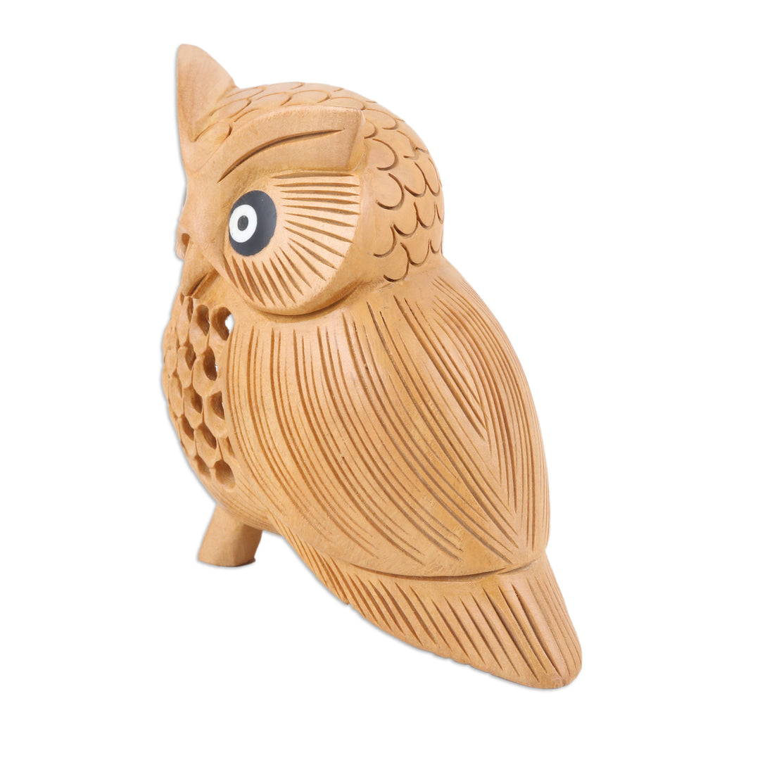 Brown Kadam Wood Owl Sculpture Hand-Carved in India - Wise Soul