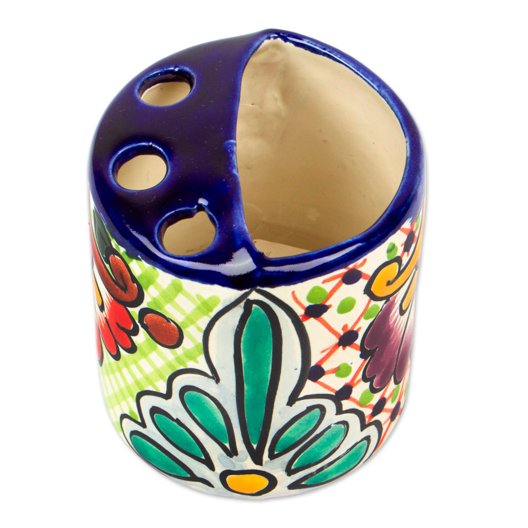 Green Dominant Talavera Style Toothbrush Holder from Mexico - Hidalgo Bouquet