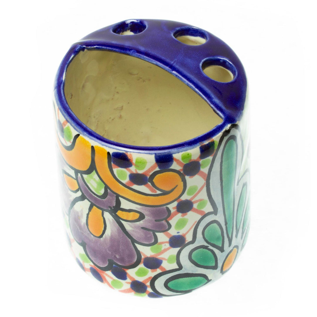 Green Dominant Talavera Style Toothbrush Holder from Mexico - Hidalgo Bouquet