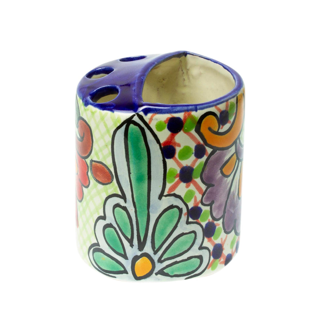 Green Dominant Talavera Style Toothbrush Holder from Mexico - Hidalgo Bouquet