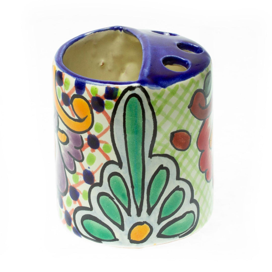 Green Dominant Talavera Style Toothbrush Holder from Mexico - Hidalgo Bouquet