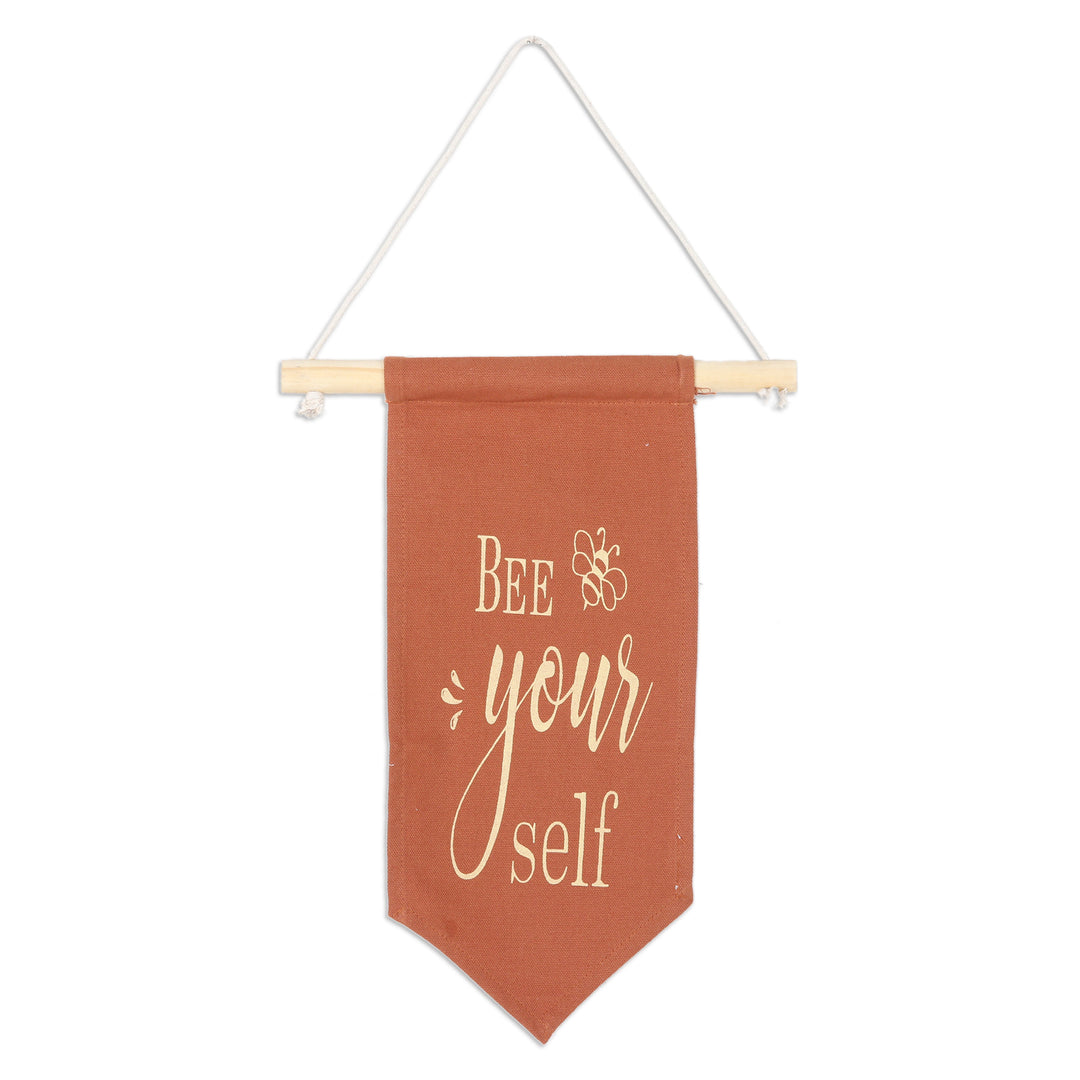Printed Inspirational Brown Cotton Wall Hanging from India - Bee Yourself