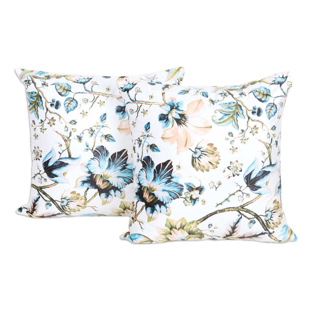 Pair of Printed Floral White Cushion Covers Crafted in India - Delhi Blossoms