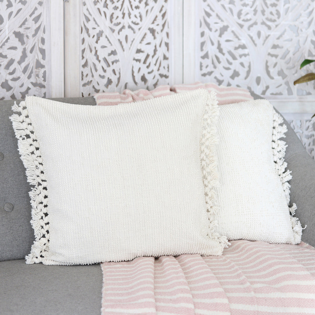 Pair of Ivory Cotton Cushion Covers with Tassels from India - Ivory Passion