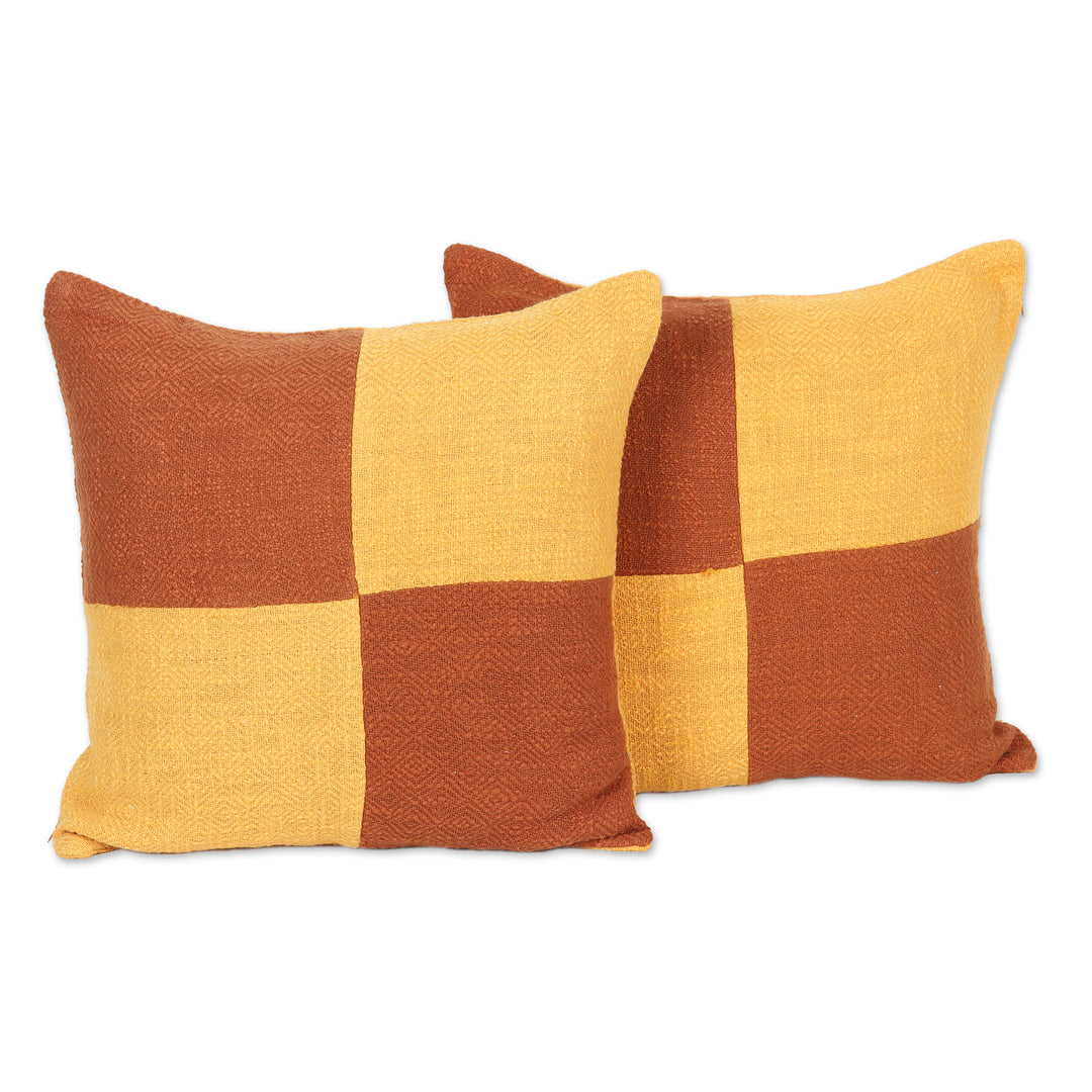 Pair of Geometric Yellow and Orange Cotton Cushion Covers - Warm Geometry
