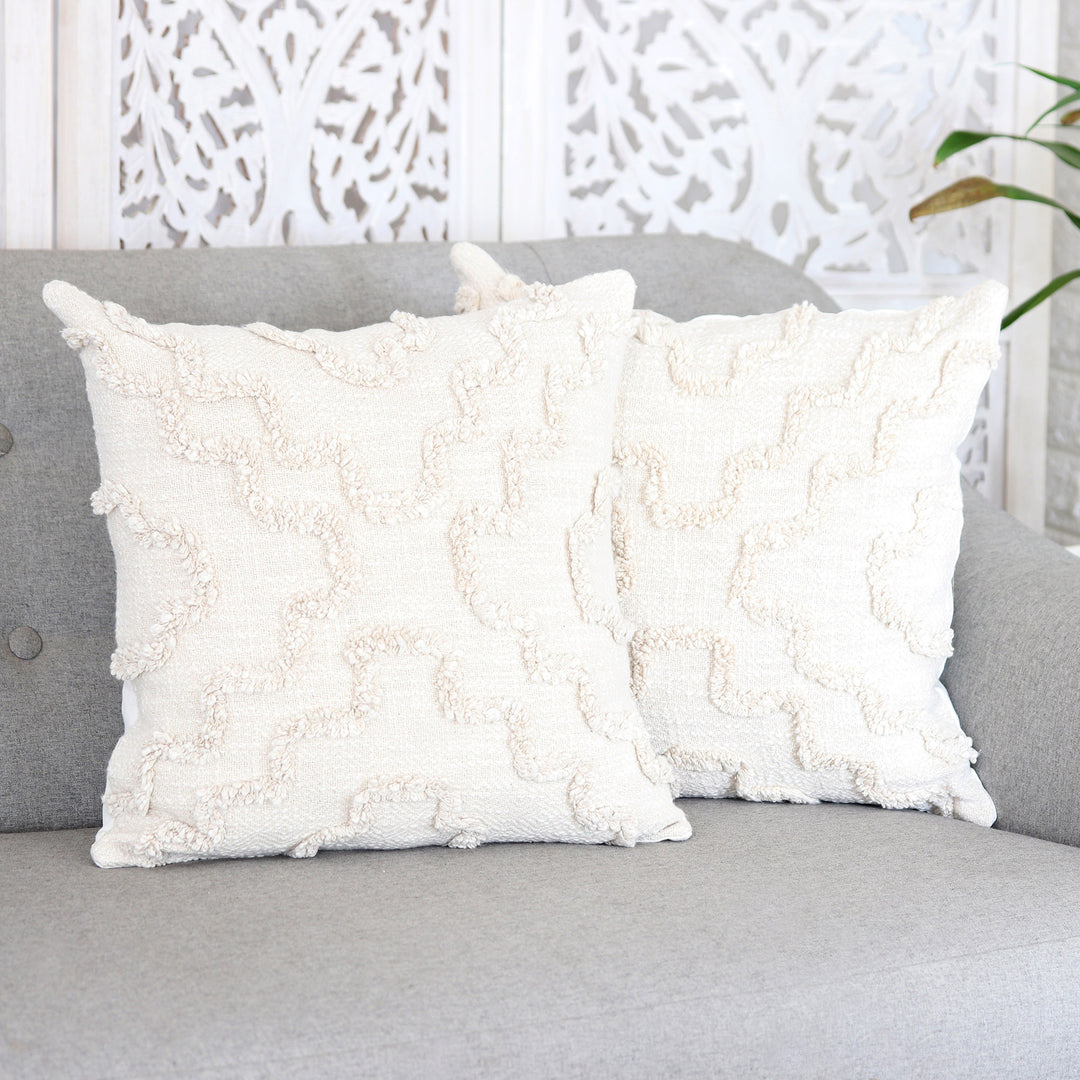 Pair of Ecru Cotton Cushion Covers with Embroidered Details - Ecru Tunnels