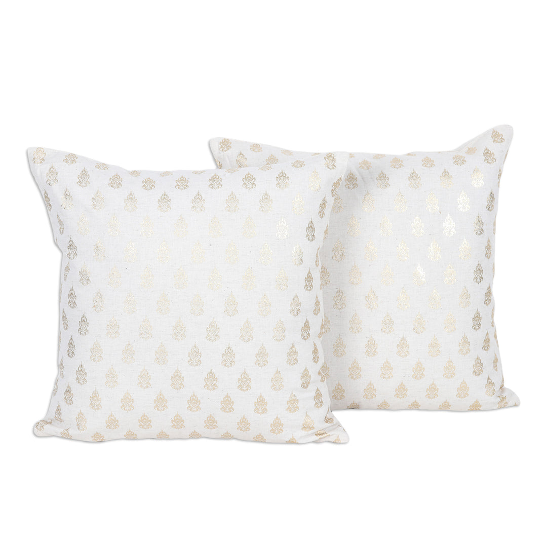 Pair of Cotton Cushion Covers with Golden Floral Motifs - Golden Spring