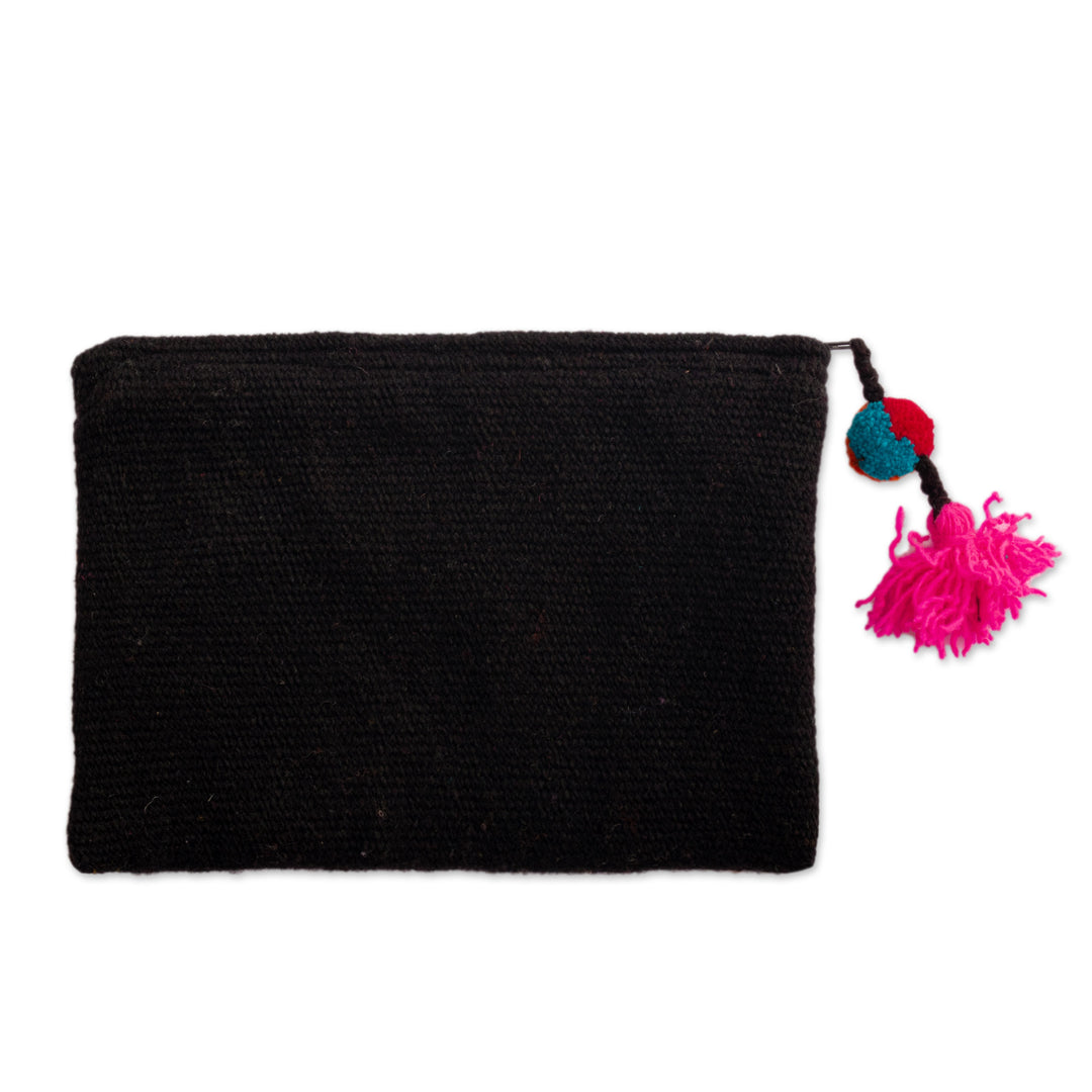 Black 100% Alpaca Cosmetic Bag with Floral Embroidery - Black Andean Paradise