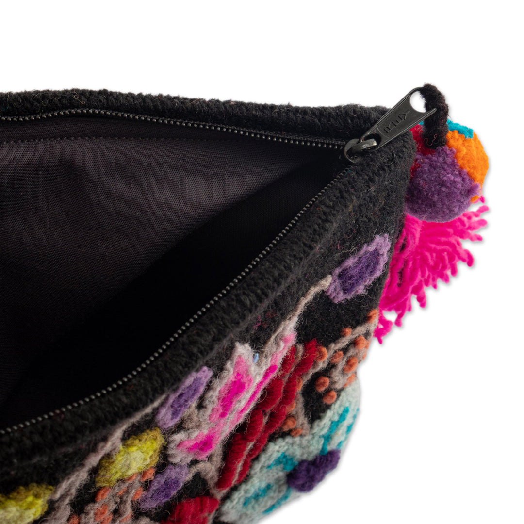Black 100% Alpaca Cosmetic Bag with Floral Embroidery - Black Andean Paradise