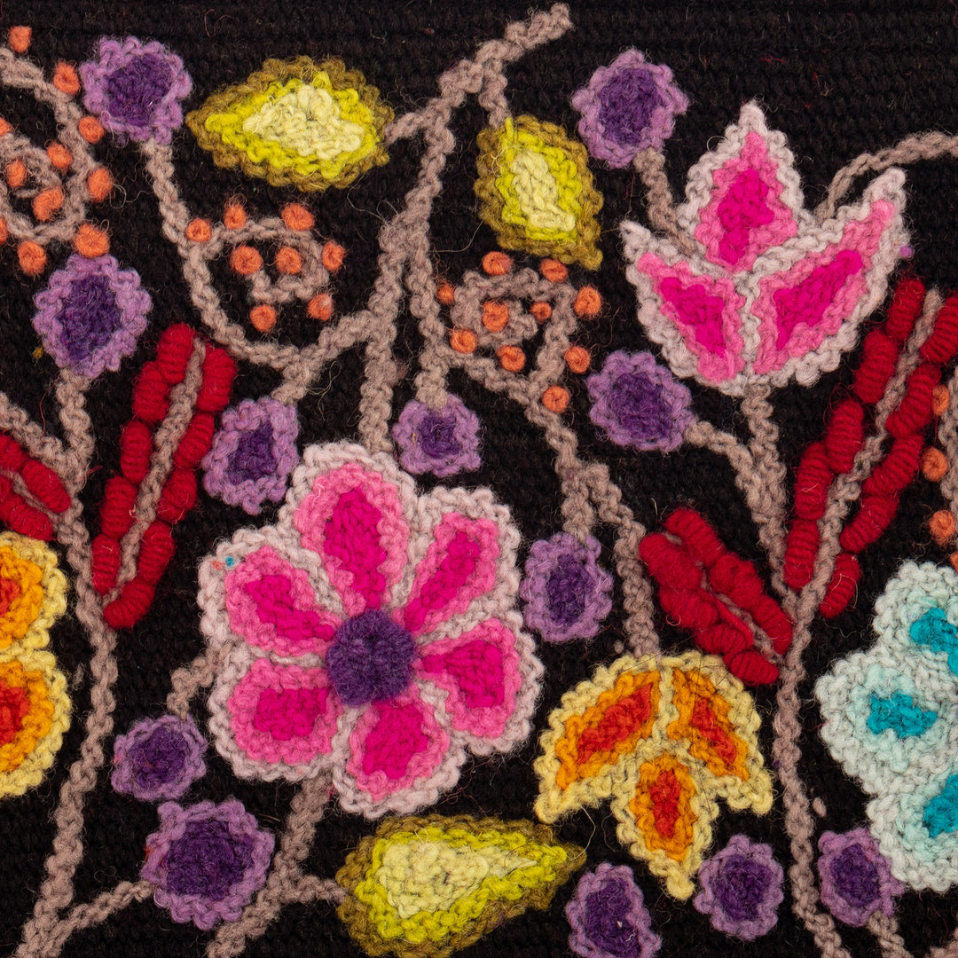 Black 100% Alpaca Cosmetic Bag with Floral Embroidery - Black Andean Paradise