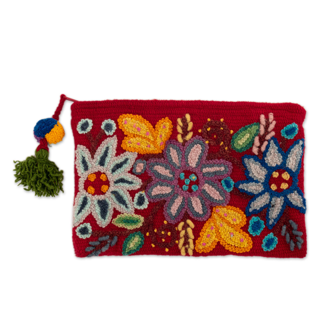 Floral Embroidered Red 100% Alpaca Cosmetic Bag from Peru - Intense Devotion