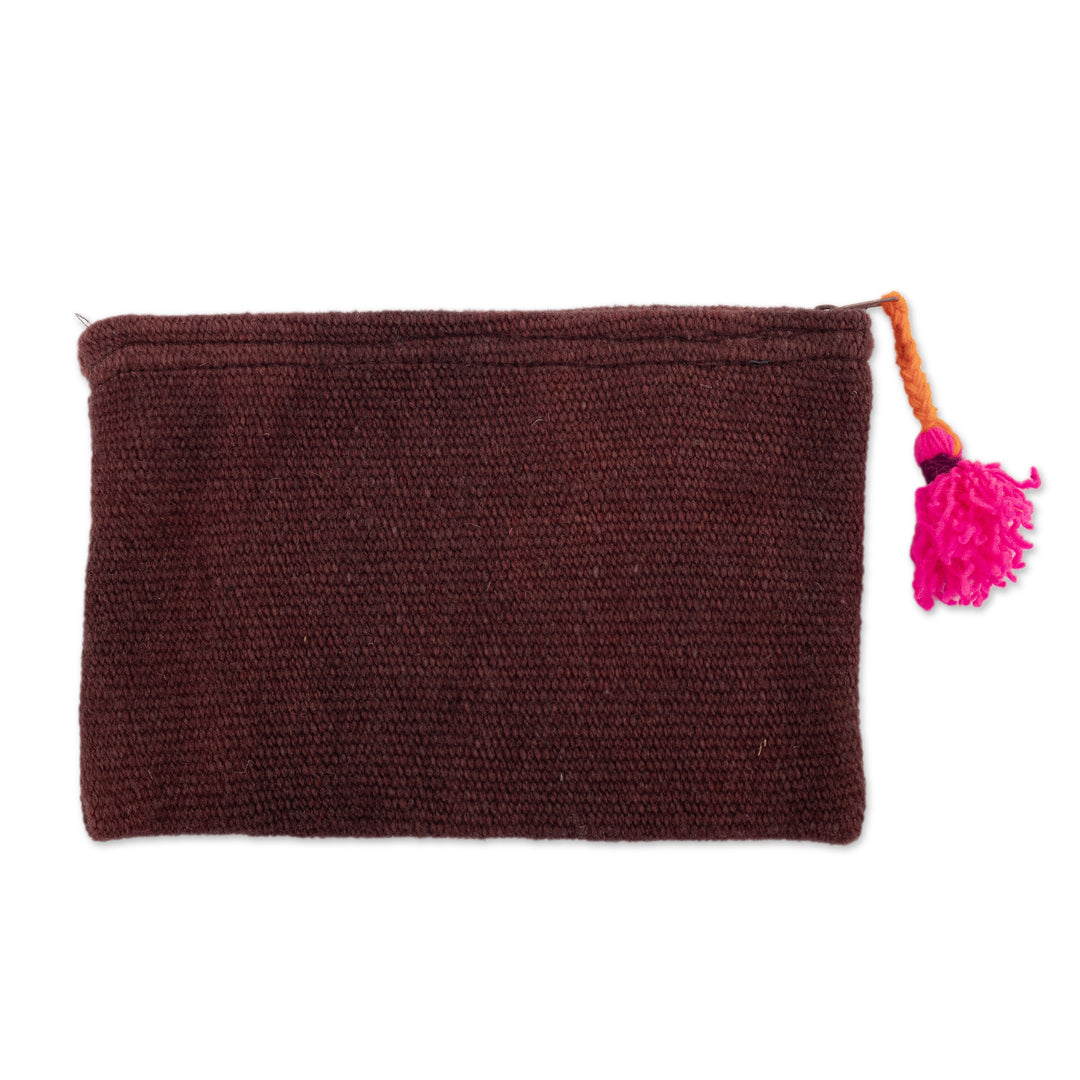 Brown 100% Alpaca Cosmetic Bag with Floral Embroidery - Warm Andean Paradise
