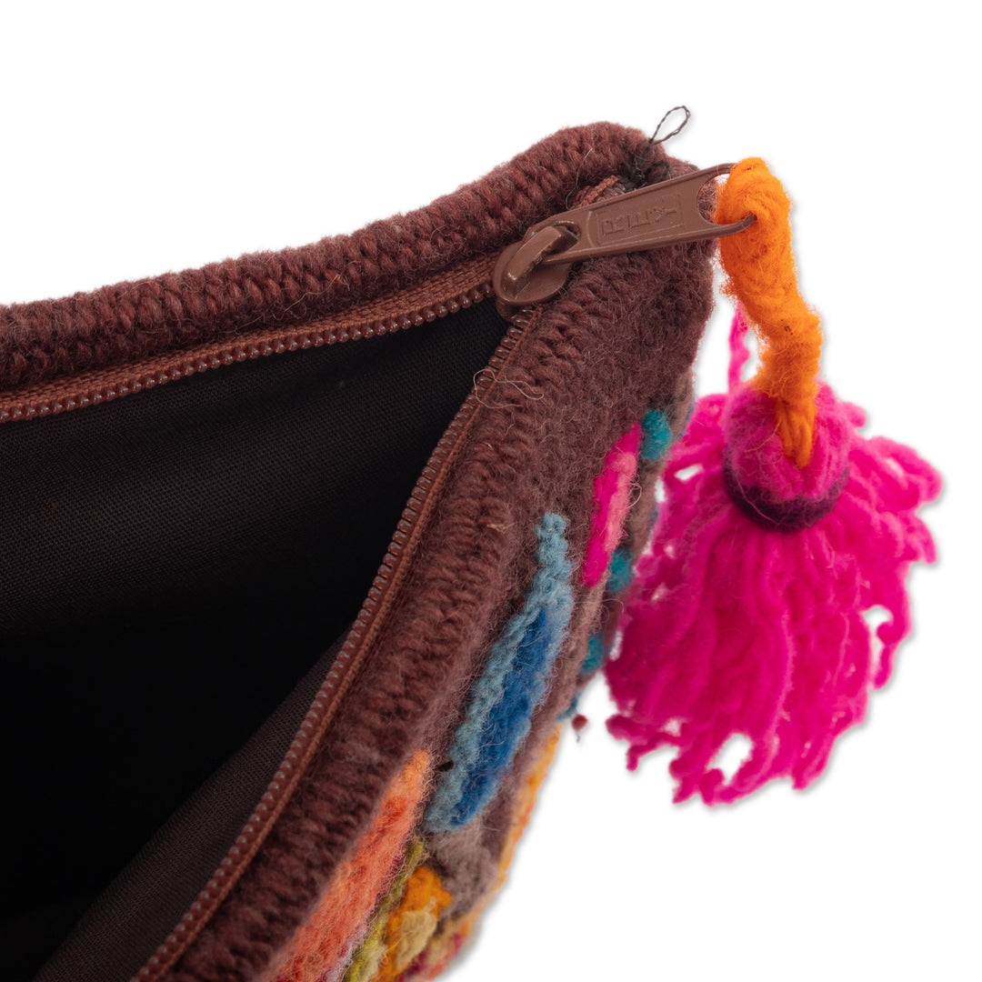 Brown 100% Alpaca Cosmetic Bag with Floral Embroidery - Warm Andean Paradise
