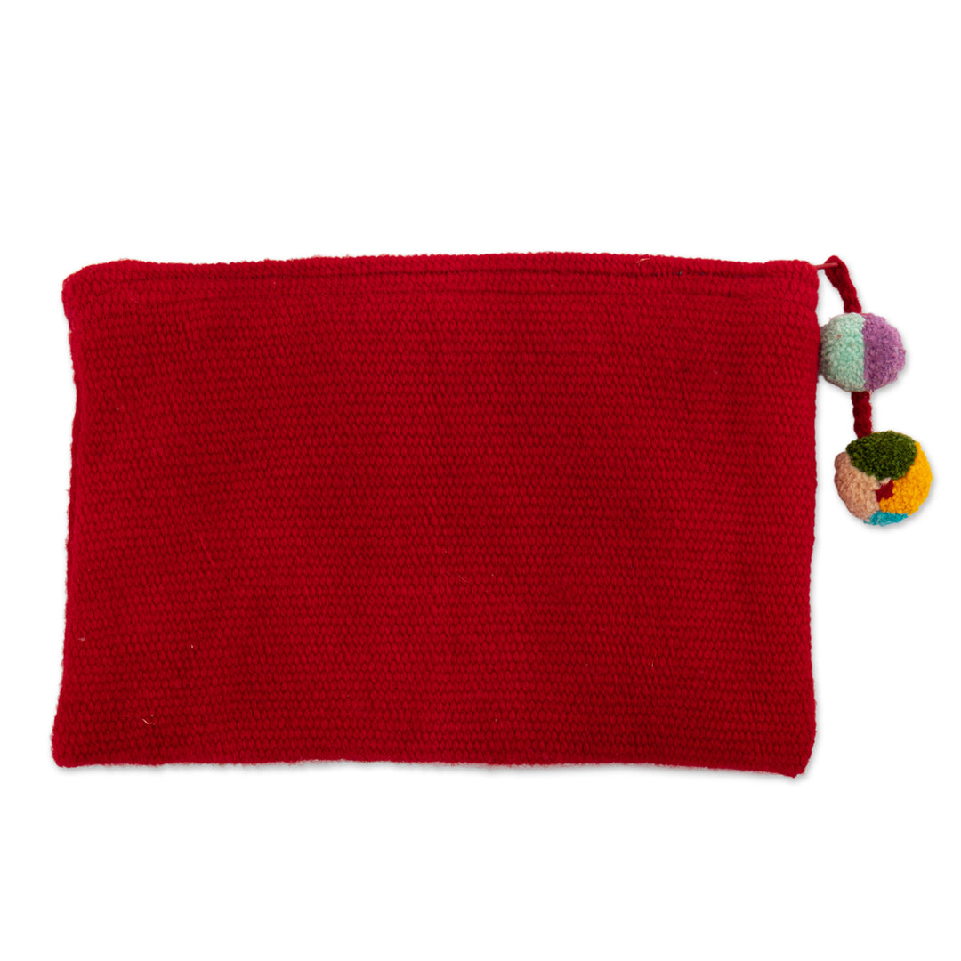 Leafy and Floral Red Cosmetic Bag Handcrafted from Alpaca - Leafy Vitality