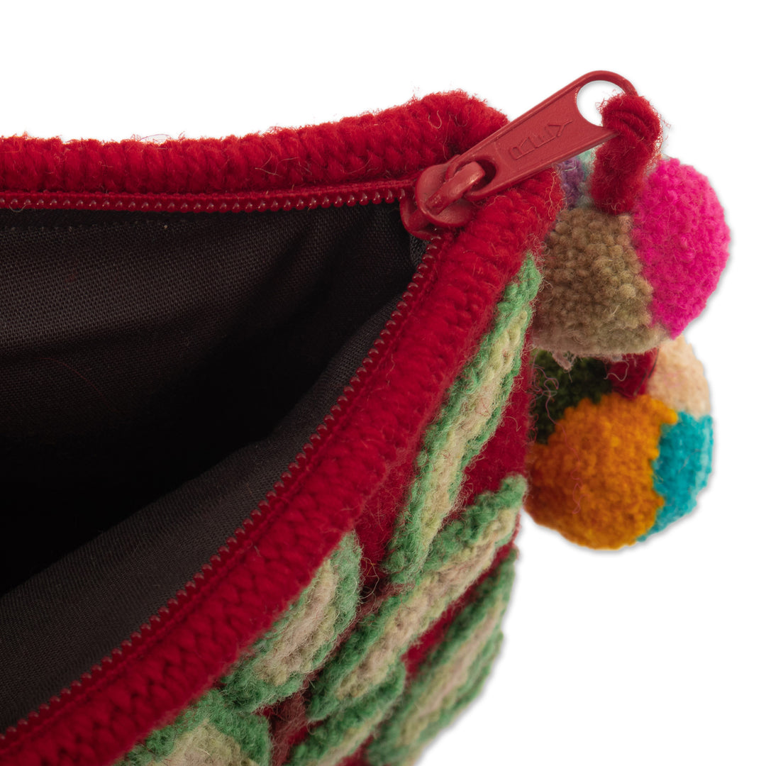 Leafy and Floral Red Cosmetic Bag Handcrafted from Alpaca - Leafy Vitality