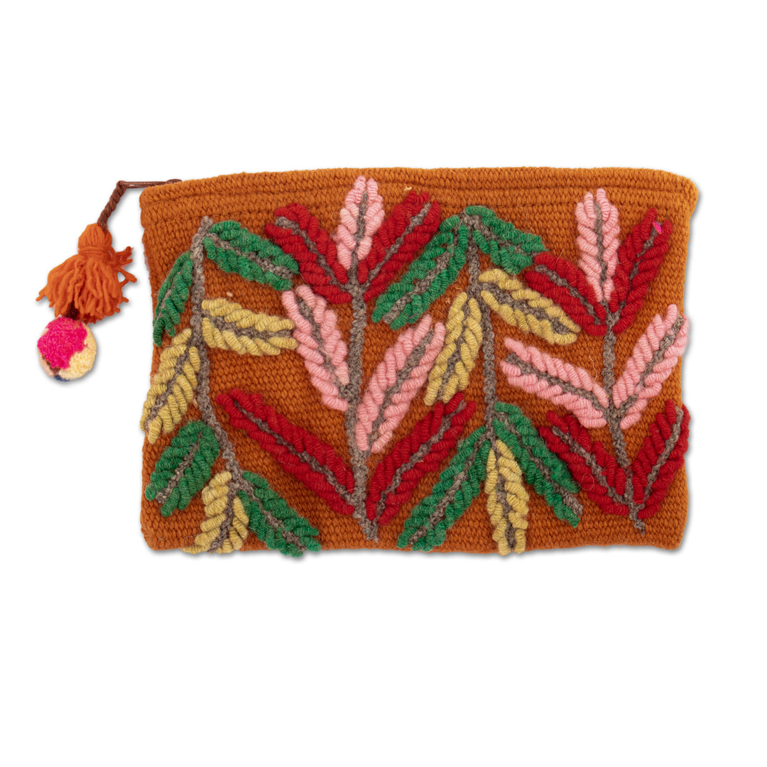 Handcrafted 100% Alpaca Cosmetic Bag with Leafy Embroidery - Warm Prosperity