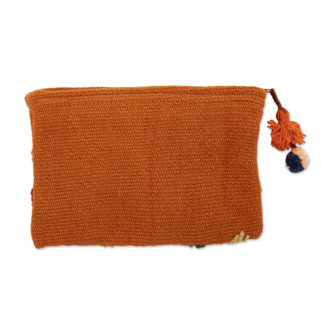 Handcrafted 100% Alpaca Cosmetic Bag with Leafy Embroidery - Warm Prosperity