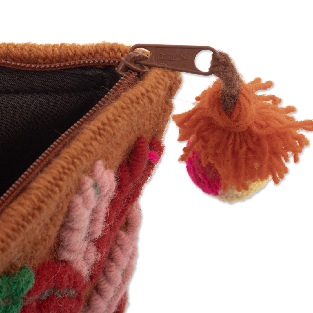Handcrafted 100% Alpaca Cosmetic Bag with Leafy Embroidery - Warm Prosperity