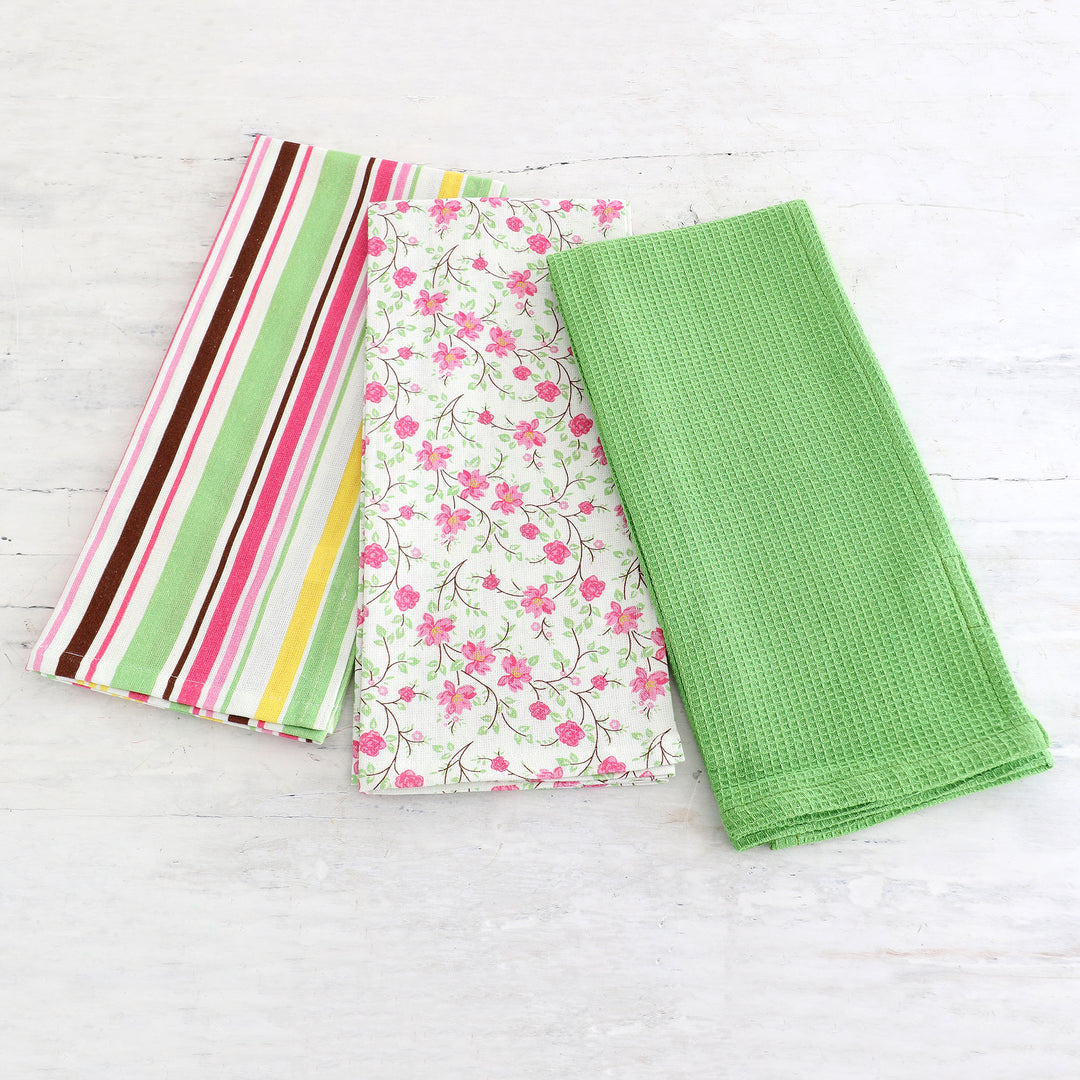 Set of Three Colorful Cotton Dish Towels with Printed Motifs - Sweet Happiness