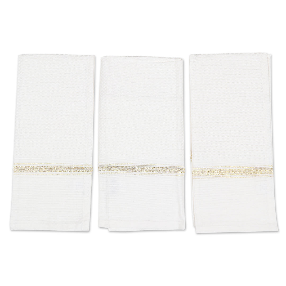 Set of Three White Cotton Dish Towels with Lurex Accents - Snow Sophistication