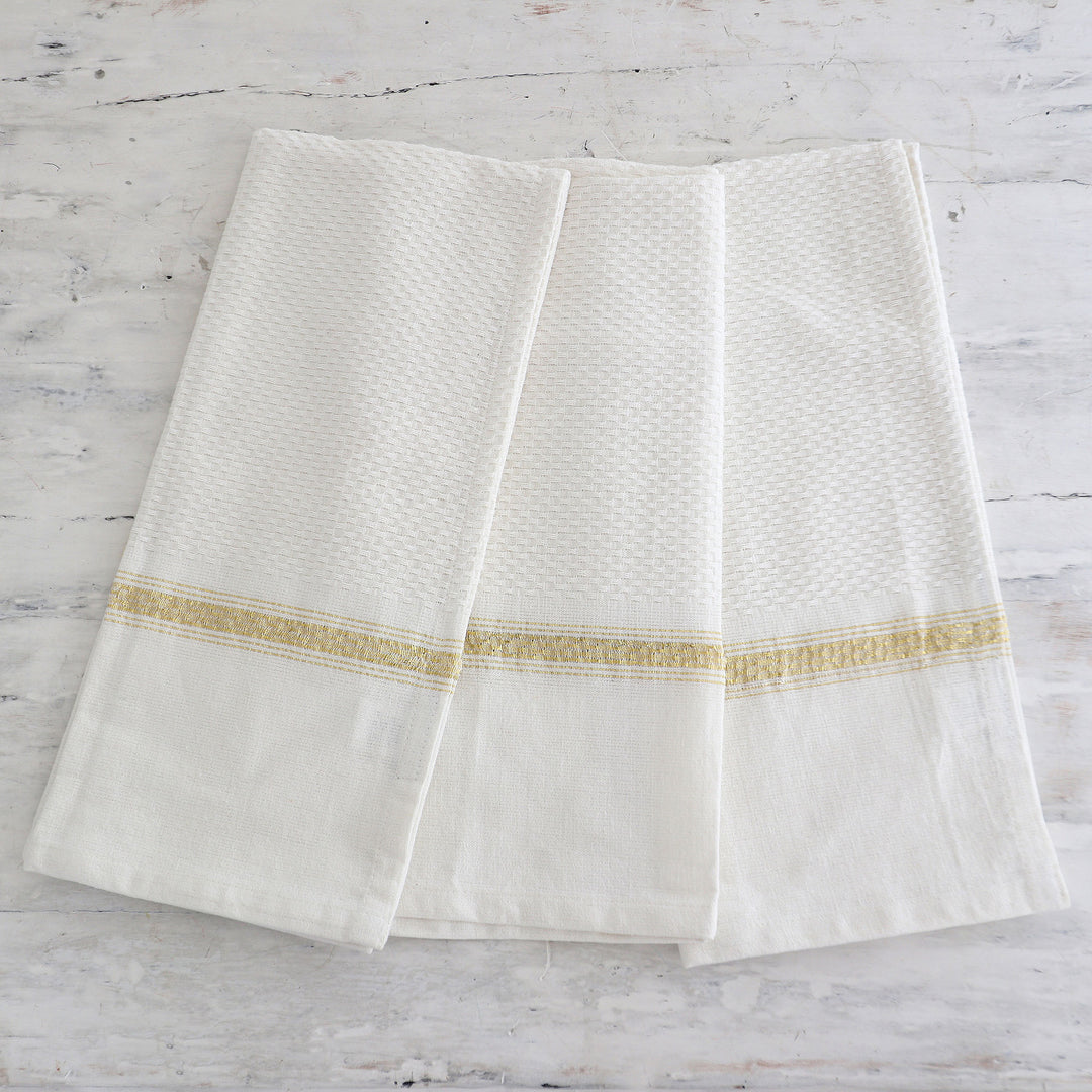 Set of Three White Cotton Dish Towels with Lurex Accents - Snow Sophistication