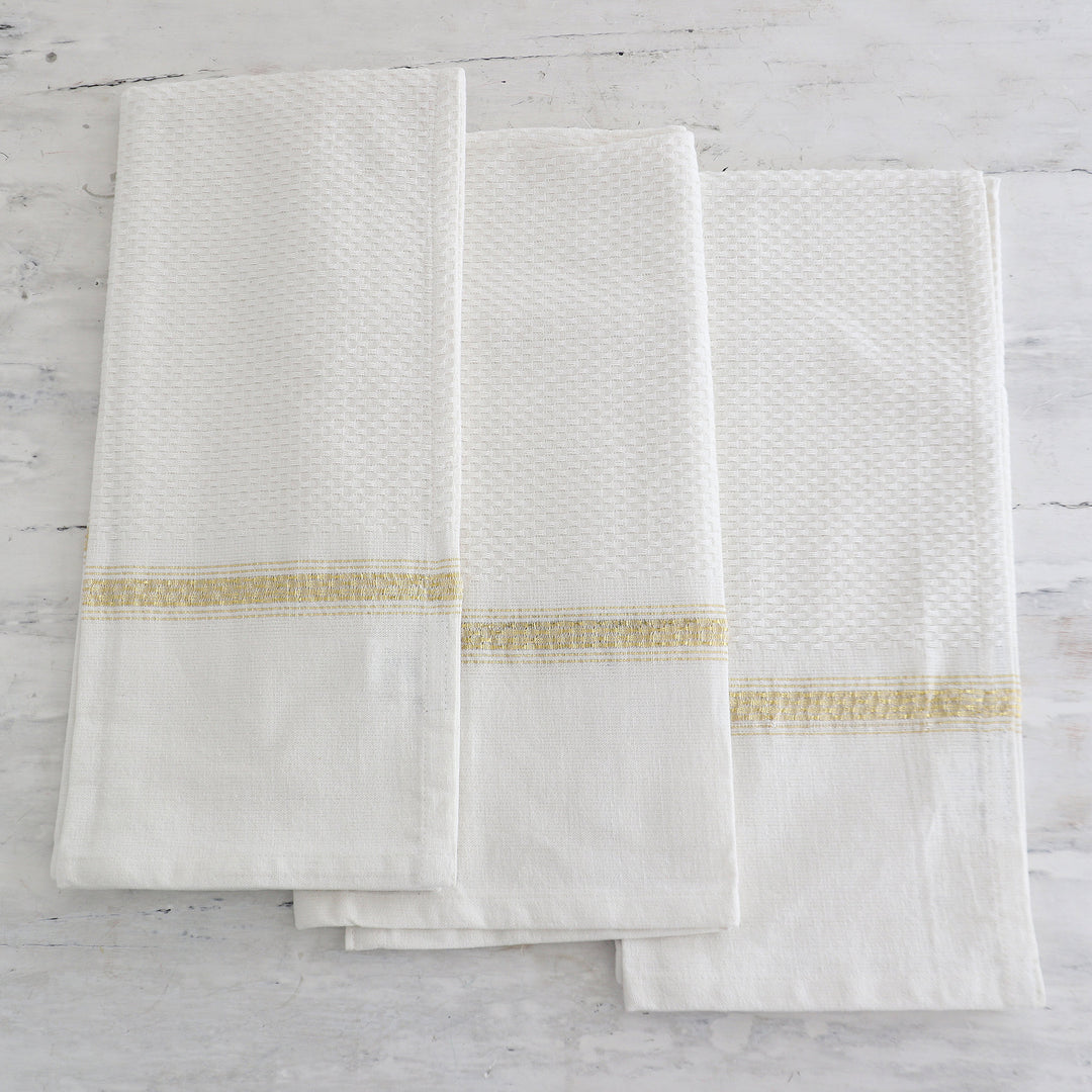 Set of Three White Cotton Dish Towels with Lurex Accents - Snow Sophistication