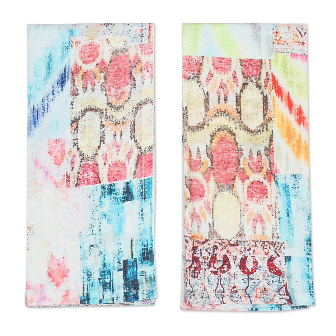 Pair of Ikat Printed Cotton Dish Towels Crafted in India - Ikat Celebration