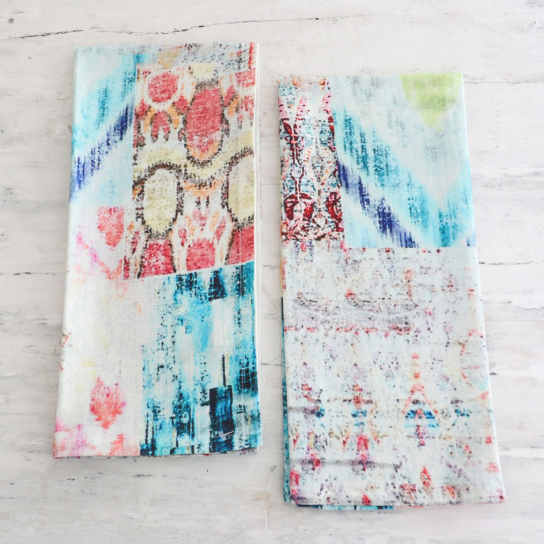Pair of Ikat Printed Cotton Dish Towels Crafted in India - Ikat Celebration