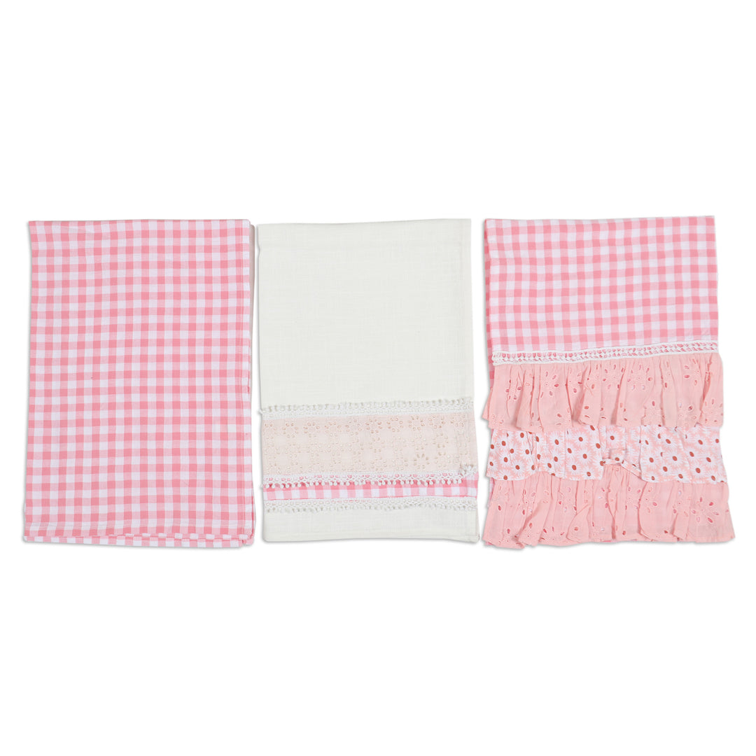 Set of 3 Pink Checkered Cotton Dish Towels with Laces - Pink Affection