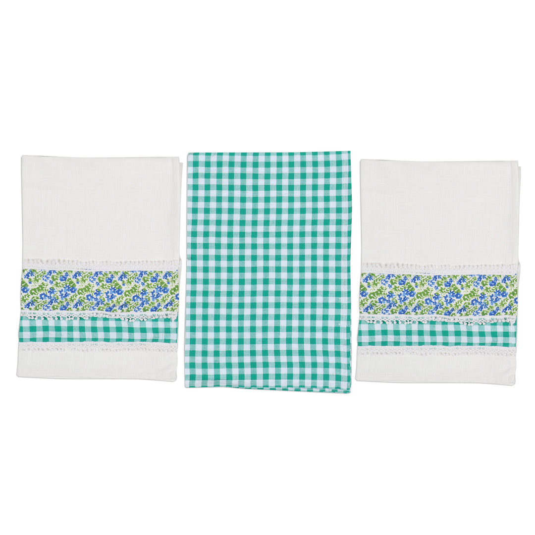 Set of 3 Viridian Checkered Cotton Dish Towels with Laces - Viridian Spring