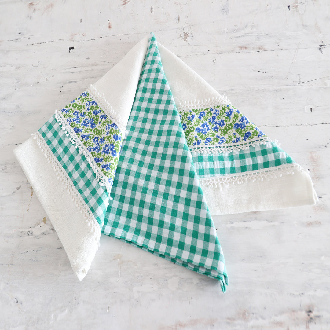 Set of 3 Viridian Checkered Cotton Dish Towels with Laces - Viridian Spring