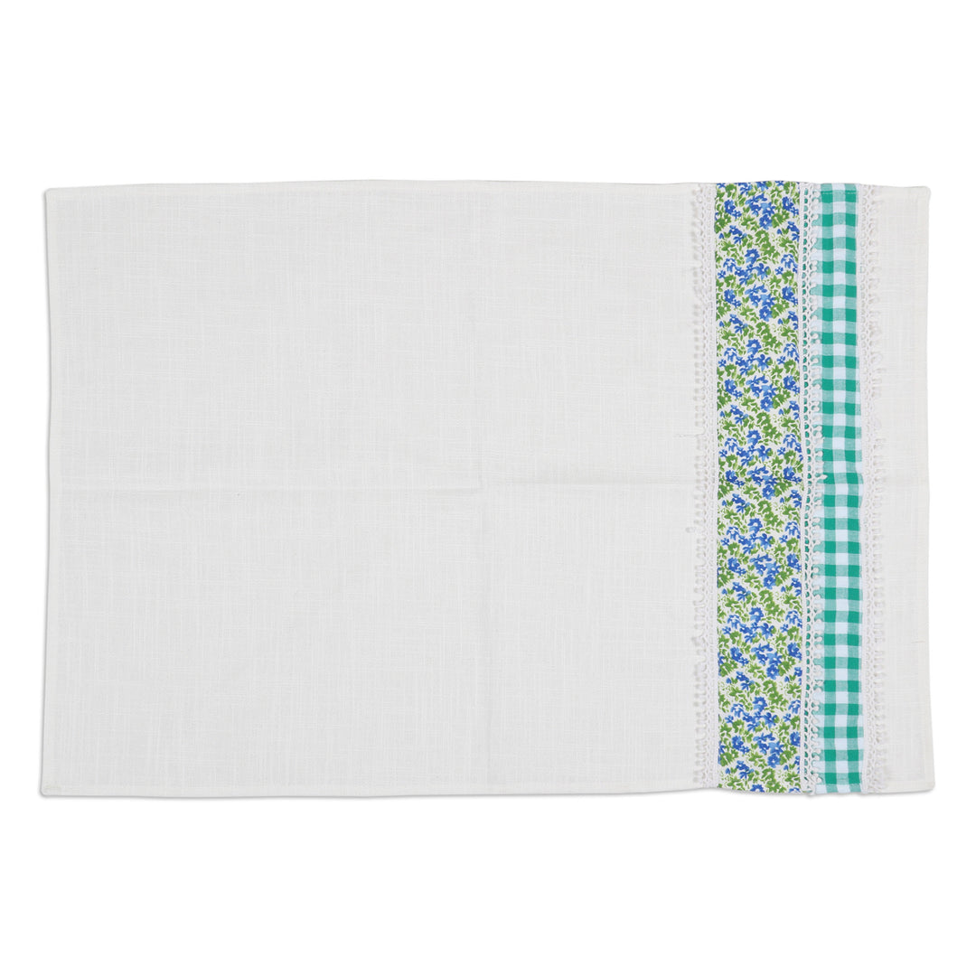 Set of 3 Viridian Checkered Cotton Dish Towels with Laces - Viridian Spring