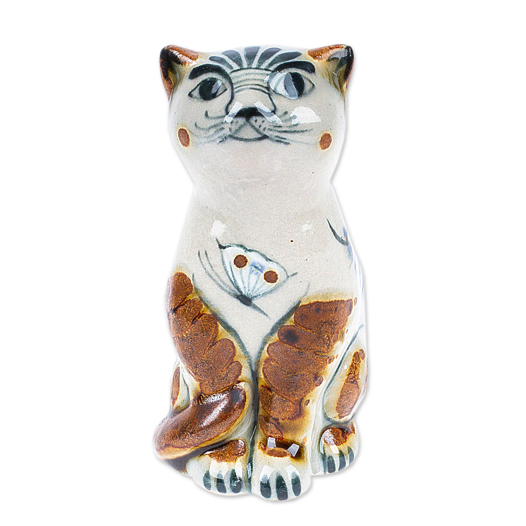 Ceramic Cat Figurine Crafted and Painted by Hand in Mexico - Traditional Cat with Dove