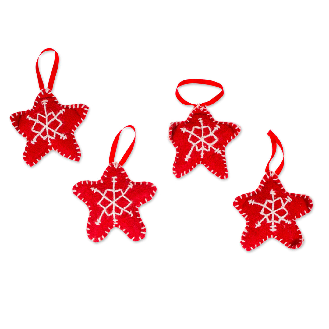 Set of 4 Handcrafted Star Felt Ornaments in a Red Tone - Lovely Constellation