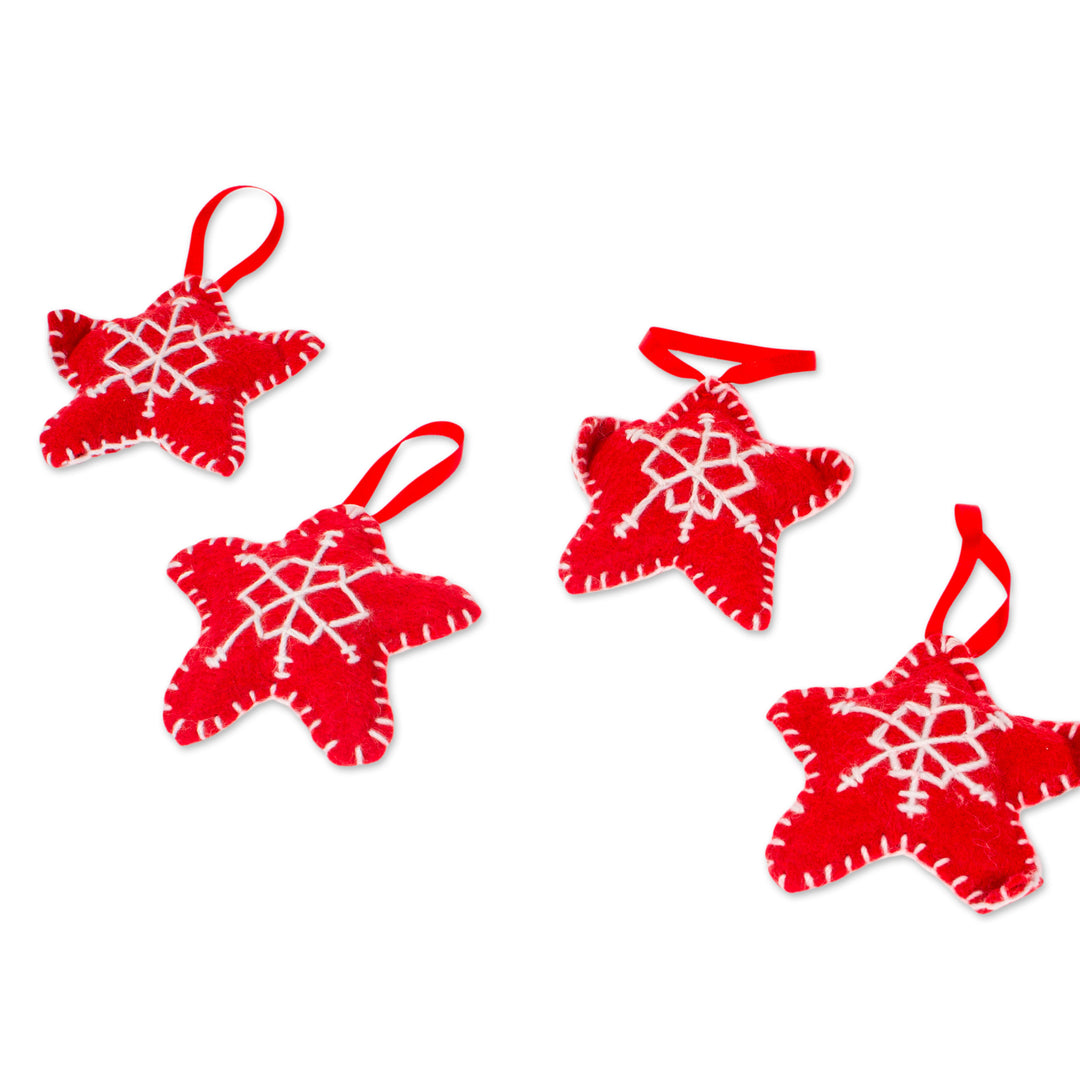 Set of 4 Handcrafted Star Felt Ornaments in a Red Tone - Lovely Constellation