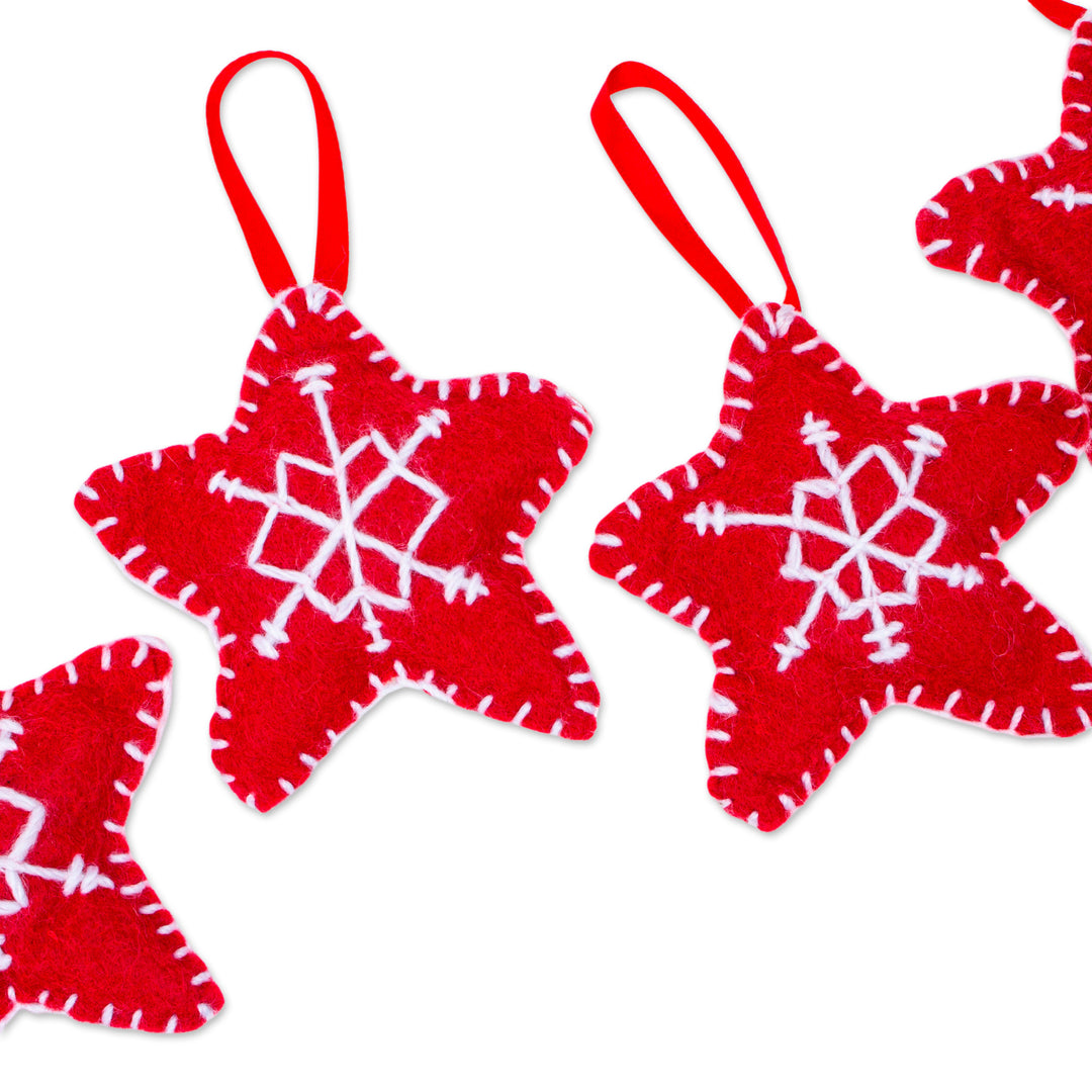 Set of 4 Handcrafted Star Felt Ornaments in a Red Tone - Lovely Constellation