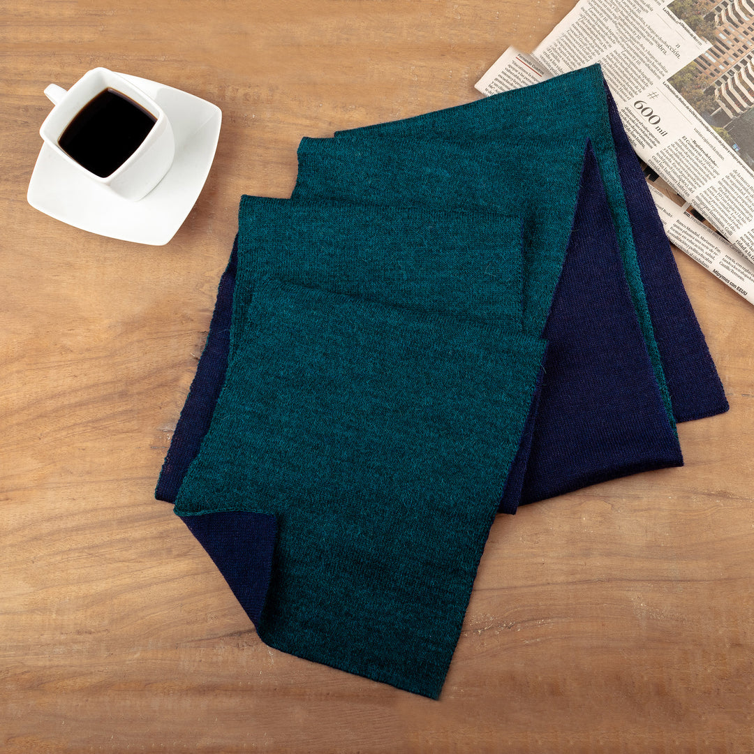 Knit Reversible Baby Alpaca Scarf in Indigo and Peacock - Peacock Trends