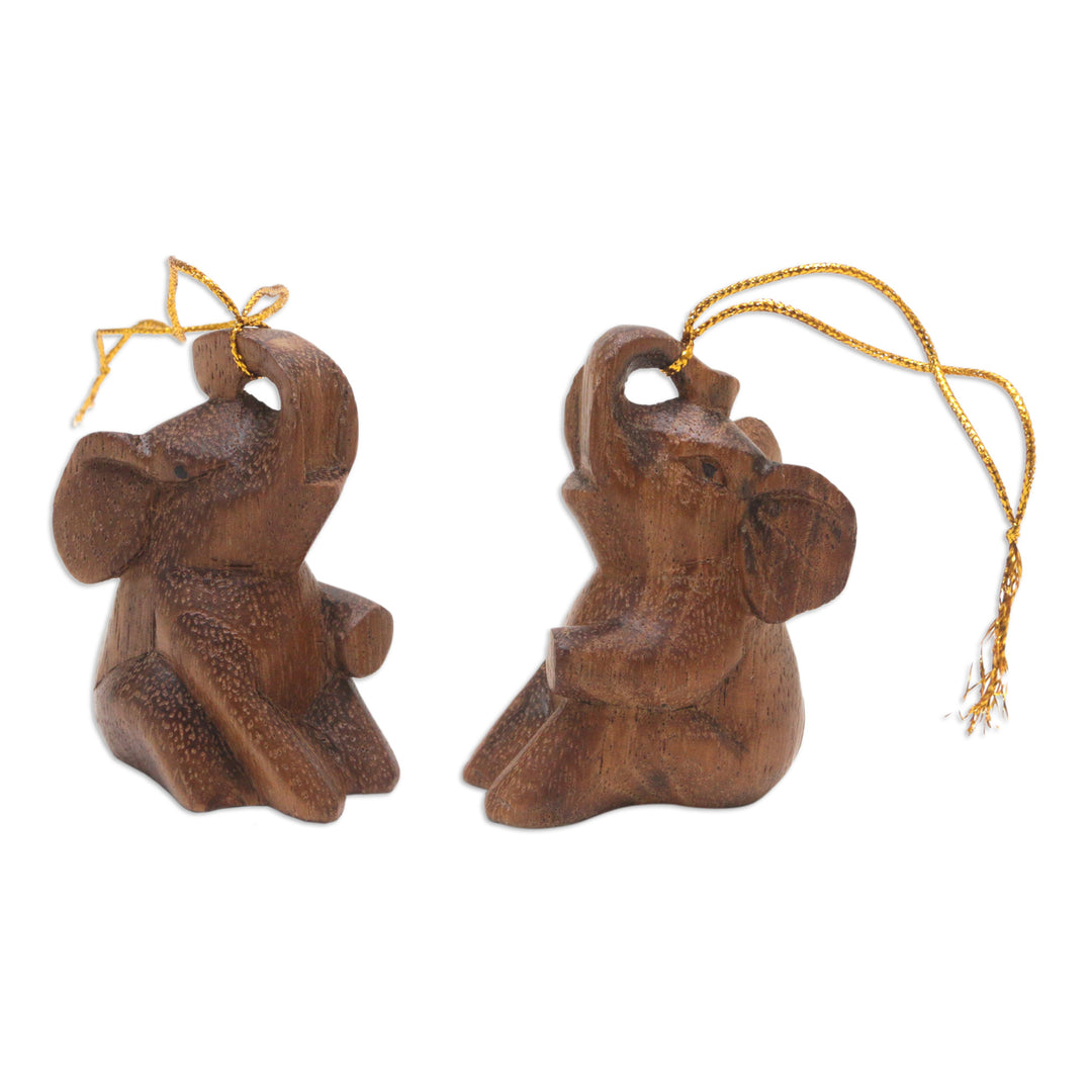 Pair of Suar Wood Baby Elephant Ornaments Carved in Bali - Giant Tenderness