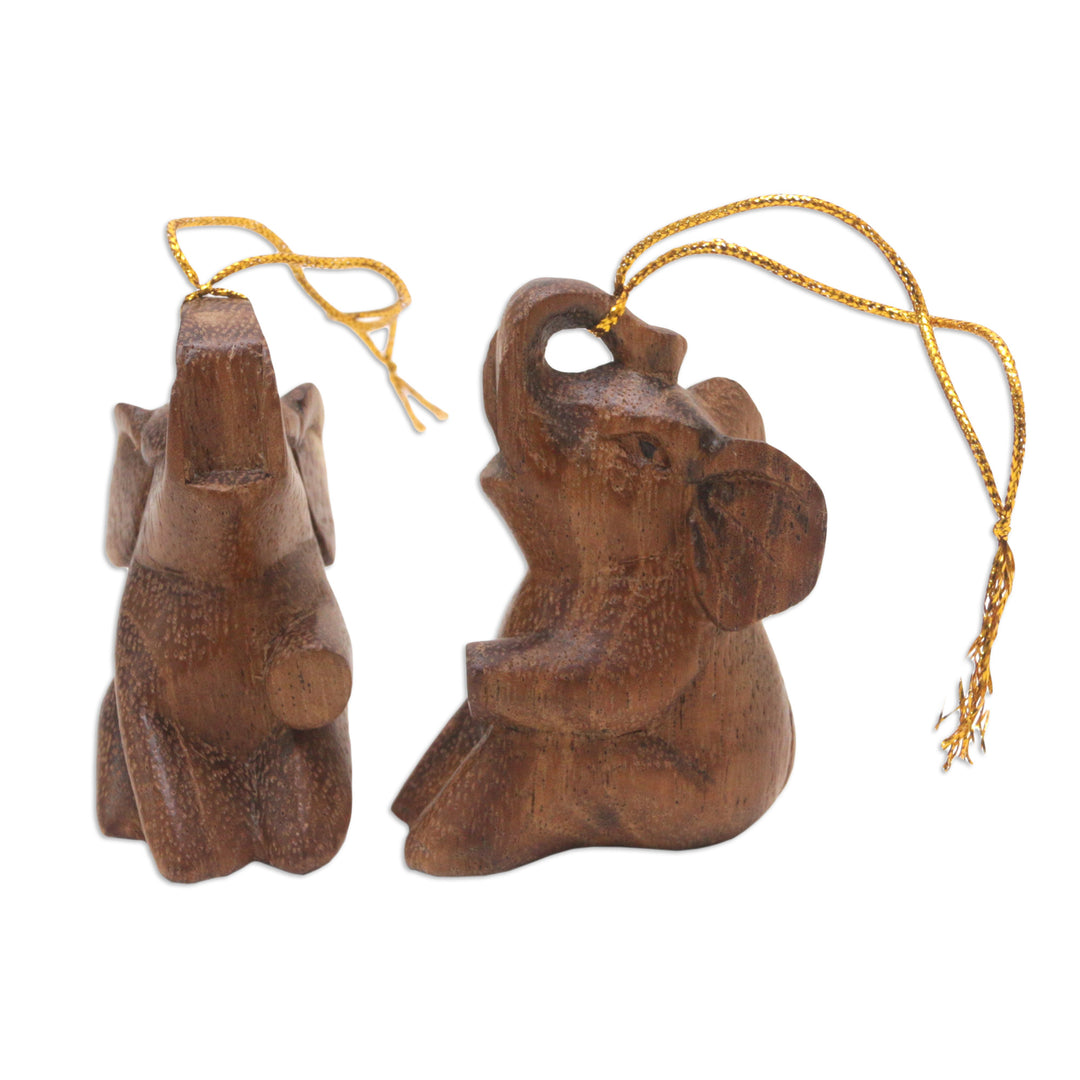 Pair of Suar Wood Baby Elephant Ornaments Carved in Bali - Giant Tenderness
