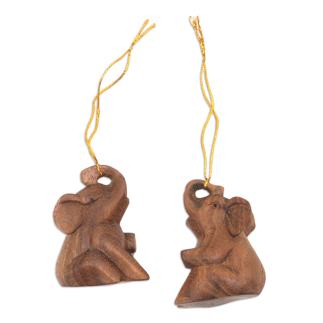 Pair of Suar Wood Baby Elephant Ornaments Carved in Bali - Giant Tenderness