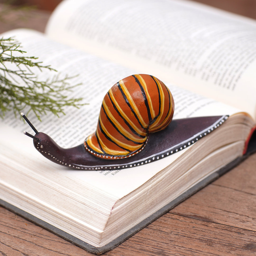 Hand-Carved Suar Wood Snail Statuette Painted in Bali - At a Snail's Pace